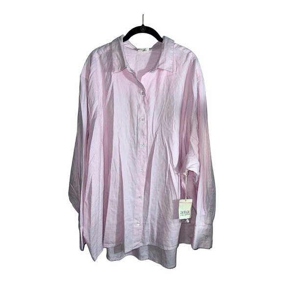 A.N.A. Womens Cotton Pink Stripes batwing Long Sleeve Button Down Shirt - Picture 1 of 11